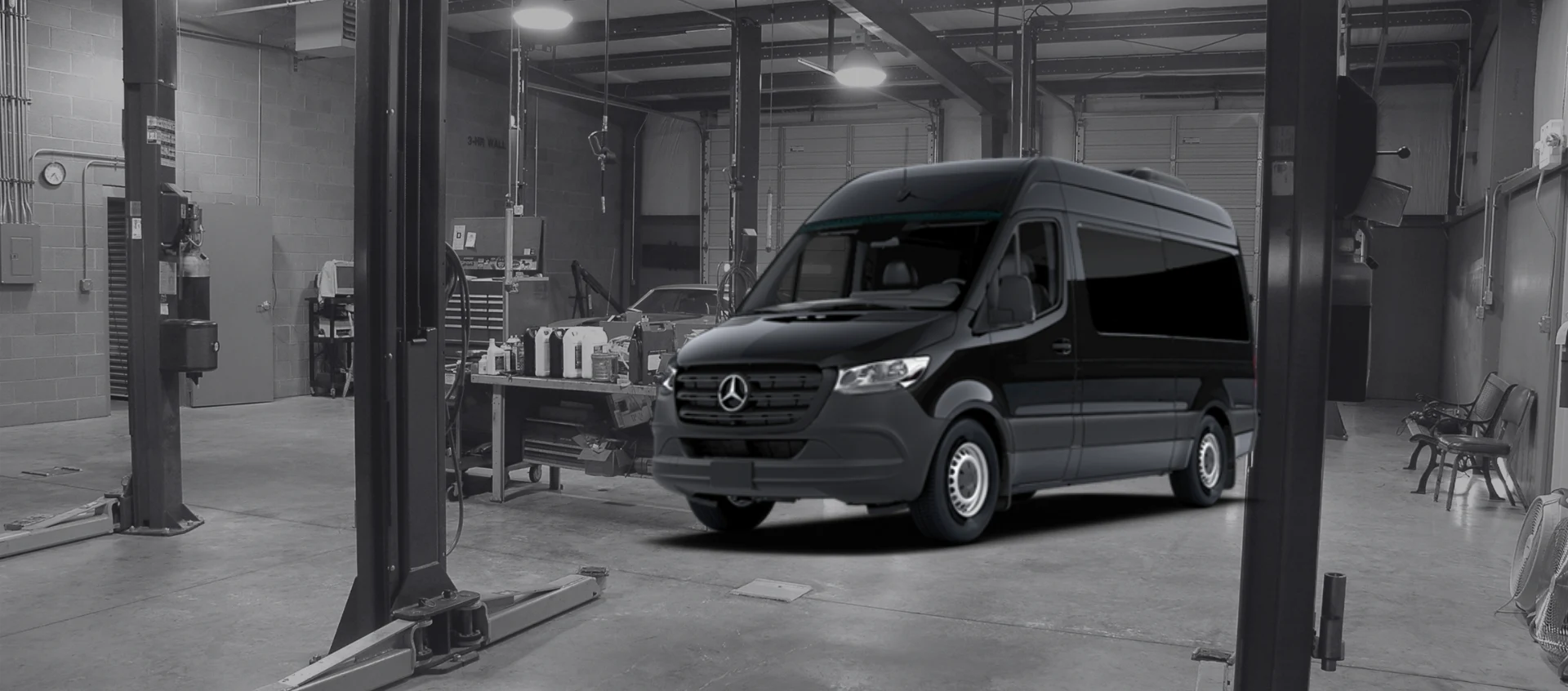 Mercedes-Benz Sprinter van in a repair shop